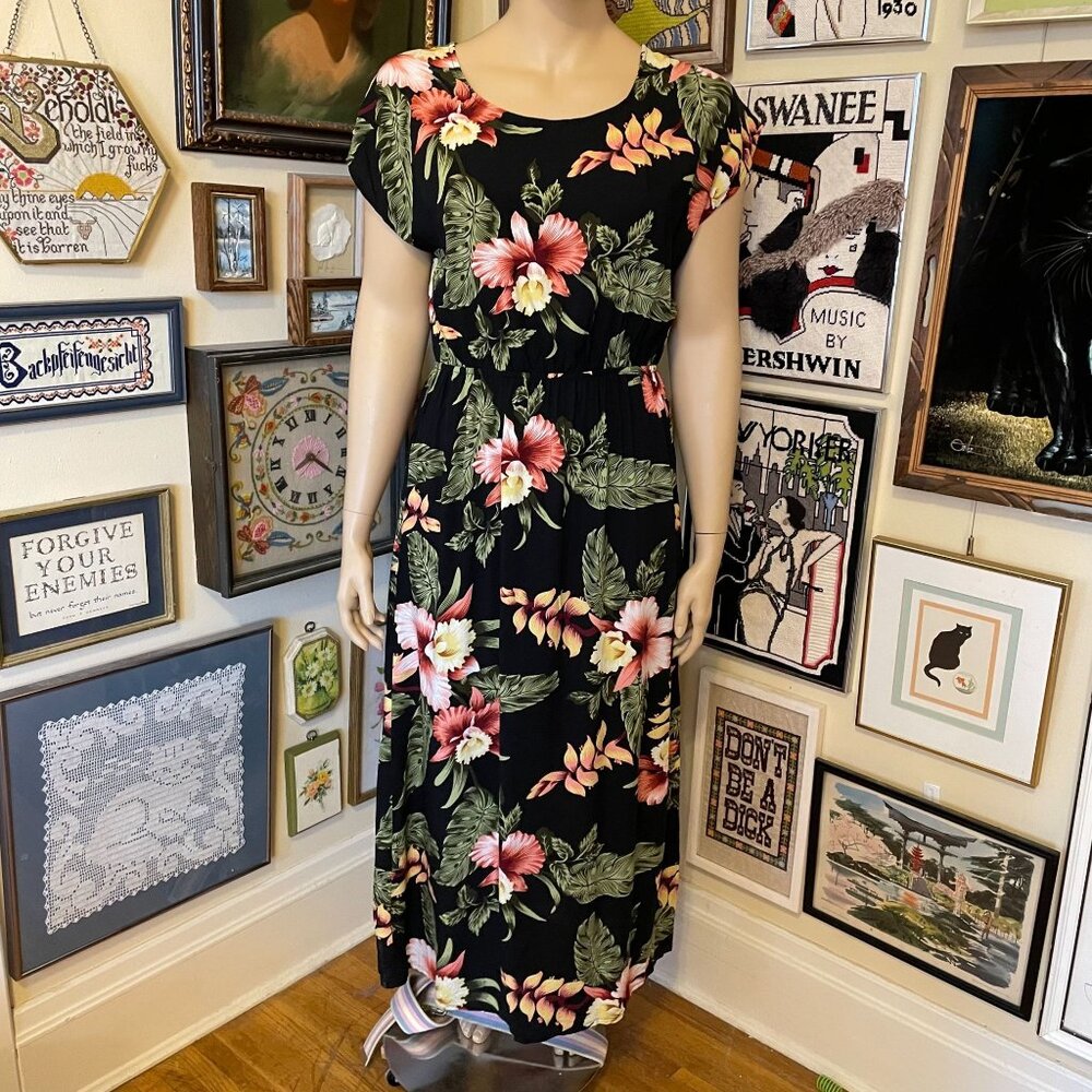 Hawaii Hangover Womens Black Floral Rayon Short Sleeve Maxi Dress 2XL